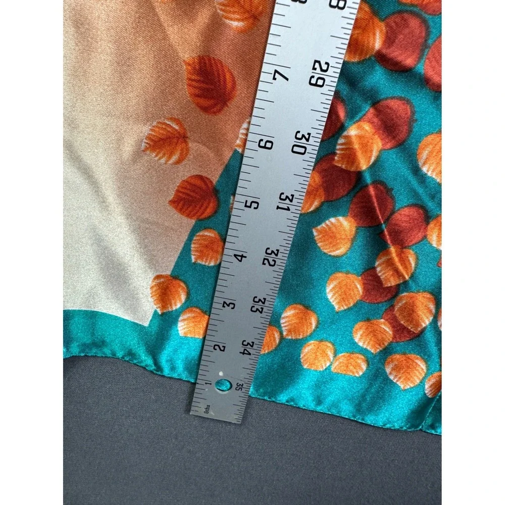 Vintage Tree Leaf Print Square Scarf Teal Orange Cream Botanical Silk Feel 35x34